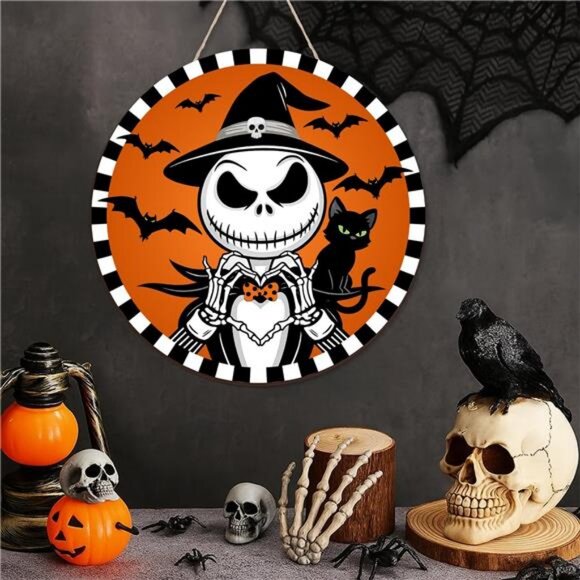 Halloween Decorations Jack Wreath Sign for Front Door Decor Spooky Bat Wood - Picture 4 of 8